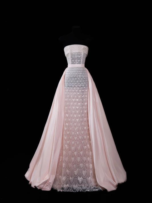 Chic Mermaid Strapless Pink Sequin With Beaded Crystals Bodice Inspo Formal Party Gowns Prom Dresses N157
