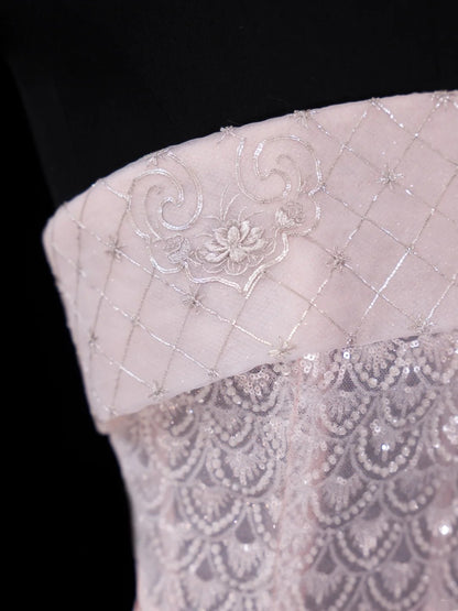 Elegantes, trägerloses Meerjungfrauenkleid aus rosa Pailletten mit Perlen- und Kristallbesatz am Oberteil – Inspiration für formelle Party- und Ballkleider N157