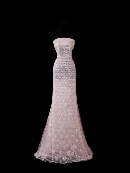 Elegantes, trägerloses Meerjungfrauenkleid aus rosa Pailletten mit Perlen- und Kristallbesatz am Oberteil – Inspiration für formelle Party- und Ballkleider N157