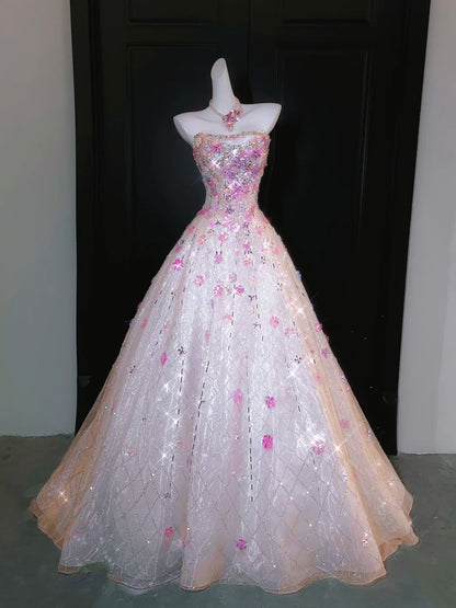 Robe de bal chic sans bretelles rose à sequins et cristaux perlés - Inspiration robes de soirée formelles et robes de bal N158