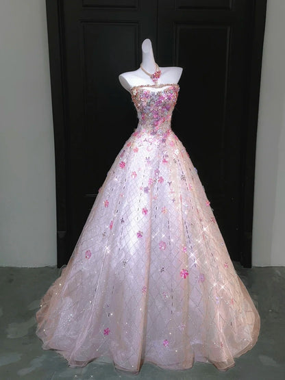 Robe de bal chic sans bretelles rose à sequins et cristaux perlés - Inspiration robes de soirée formelles et robes de bal N158