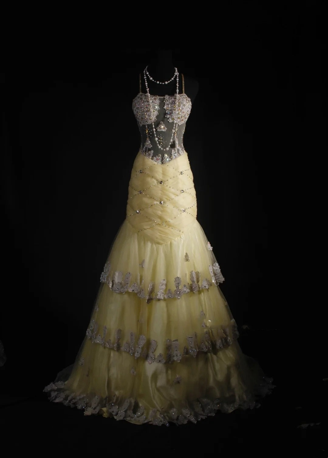 Vintage-Abendkleider im Meerjungfrauen-Stil mit Spaghettiträgern, gelb, mit Perlen und Kristallen besetztem Oberteil, Inspiration für formelle Partys, N162