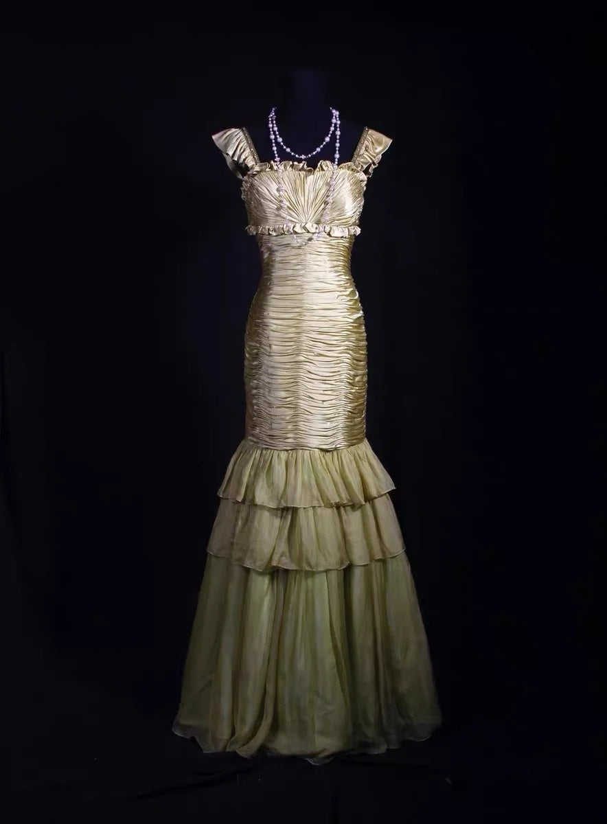 Vintage-Abendkleider im Meerjungfrauen-Stil, quadratisch, salbeigrün mit perlenbesetztem Oberteil, Inspiration für formelle Partykleider N161