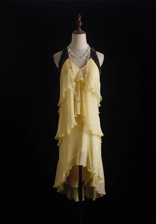 Vintage High Low Yellow Halter Yellow Hoco Gowns Short Homecoming Dresses Hoco Gown N163