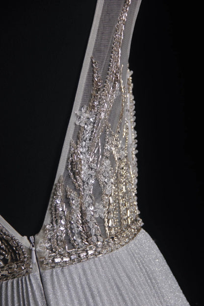 Vintage Prom Dresses Aesthetic A line Scoop Neck Silver Gray Pleated With Beaded Bodice Inspo Formal Party Gown N167