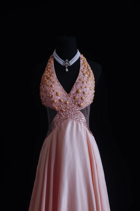 Vintage Prom Dresses Aesthetic A line Halter Pink Backless Beaded Bodice Inspo Formal Party Gown N168