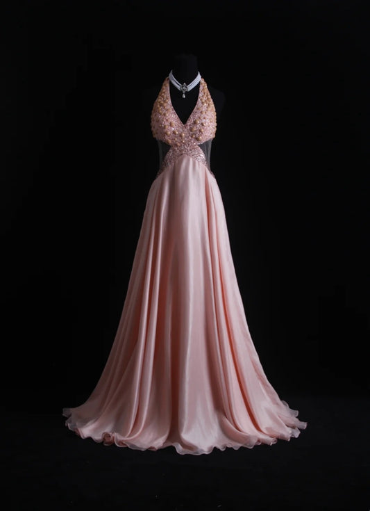 Vintage Prom Dresses Aesthetic A line Halter Pink Backless Beaded Bodice Inspo Formal Party Gown N168