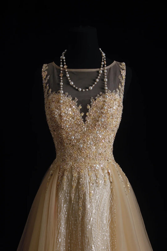 Vintage Prom Dresses Aesthetic A line Scoop Neck Champagne Tulle With Beaded Bodice Inspo Formal Party Gown N170
