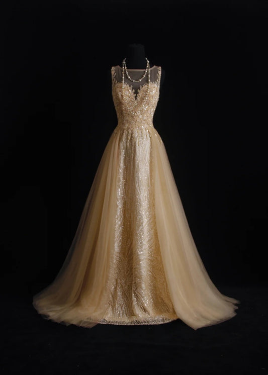 Vintage Prom Dresses Aesthetic A line Scoop Neck Champagne Tulle With Beaded Bodice Inspo Formal Party Gown N170