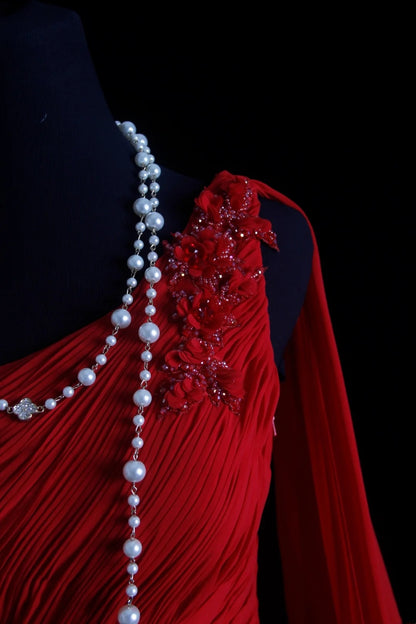Robe de bal vintage, coupe trapèze, une épaule, en mousseline rouge avec corsage perlé, inspiration robe de soirée formelle N171