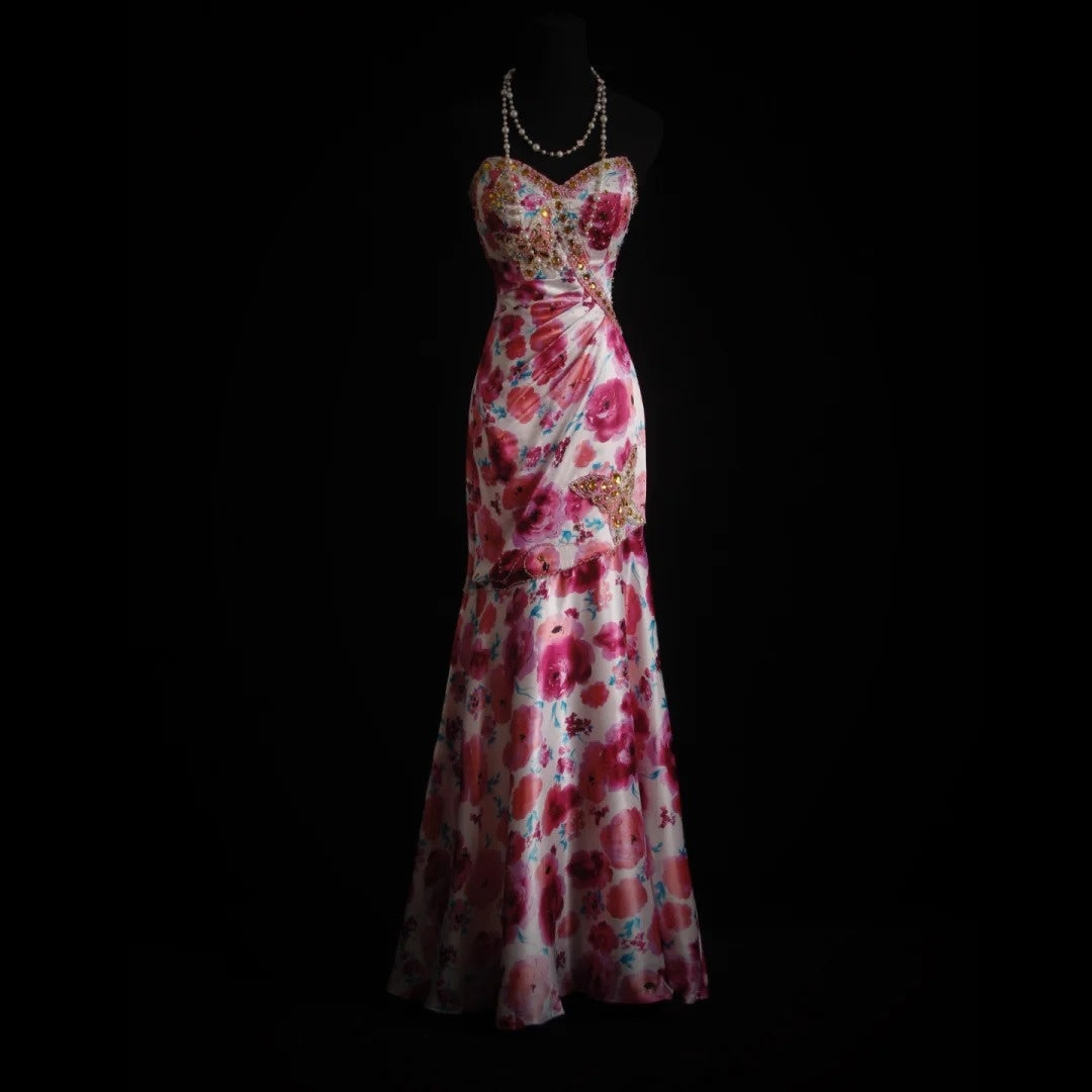 Vintage Prom Dresses Aesthetic Mermaid Sweetheart Floral Satin With Beaded Crystals Bodice Inspo Formal Party Gowns N172