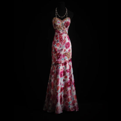 Vintage Prom Dresses Aesthetic Mermaid Sweetheart Floral Satin With Beaded Crystals Bodice Inspo Formal Party Gowns N172
