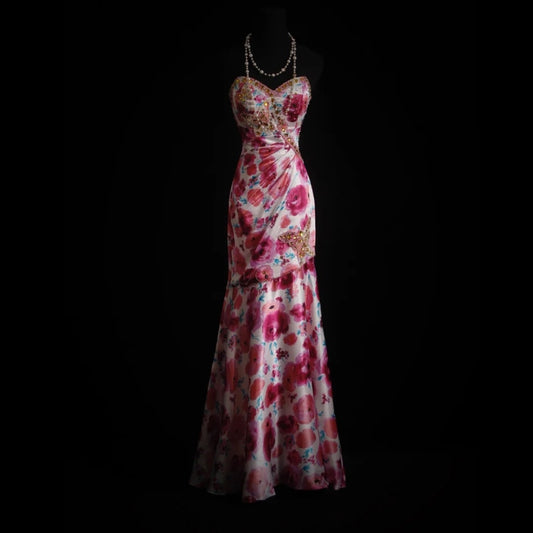 Vintage Prom Dresses Aesthetic Mermaid Sweetheart Floral Satin With Beaded Crystals Bodice Inspo Formal Party Gowns N172