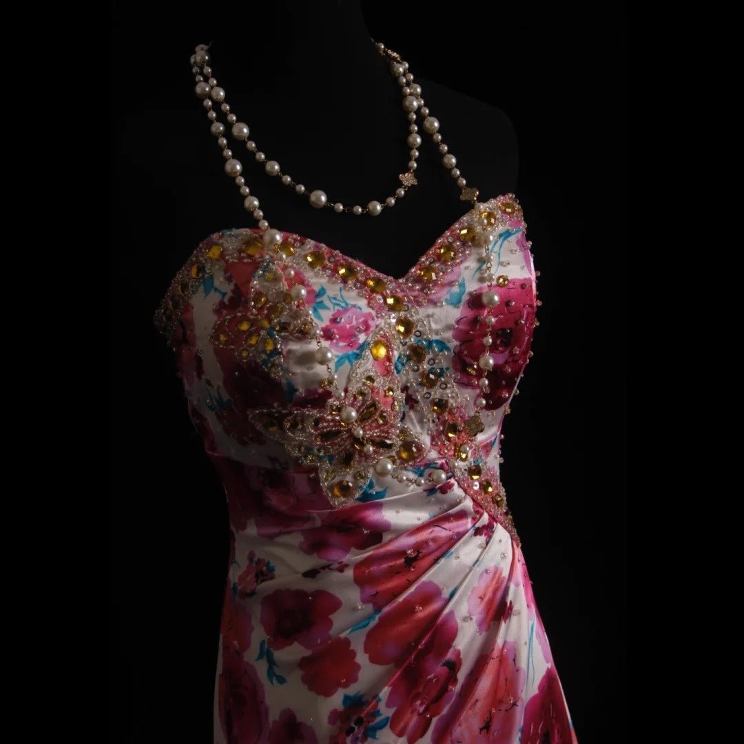 Vintage Prom Dresses Aesthetic Mermaid Sweetheart Floral Satin With Beaded Crystals Bodice Inspo Formal Party Gowns N172