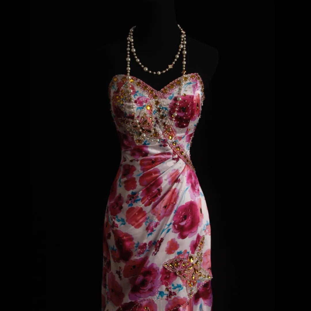 Vintage Prom Dresses Aesthetic Mermaid Sweetheart Floral Satin With Beaded Crystals Bodice Inspo Formal Party Gowns N172
