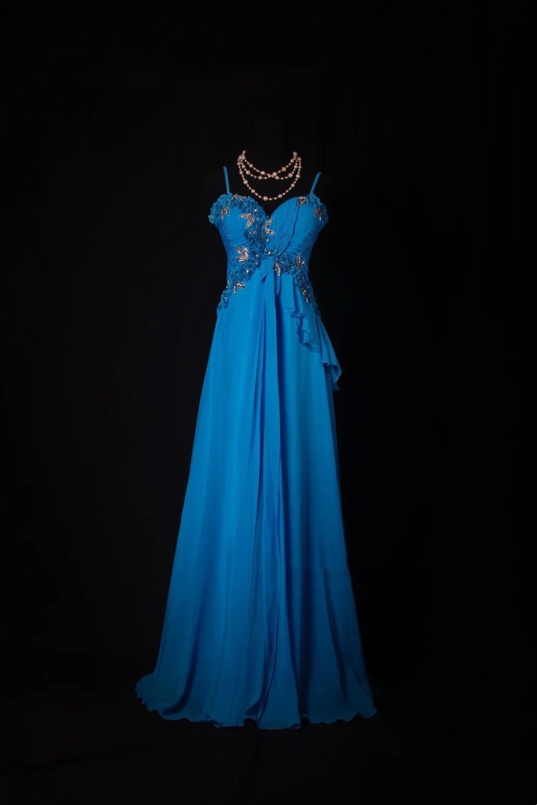 Vintage A-Linien-Abendkleid aus königsblauem Chiffon mit Spaghettiträgern – Inspiration für formelle Anlässe und Partys (Modell N191)
