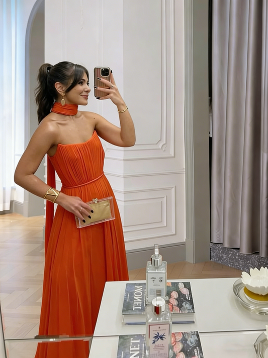 Modest A Line Strapless Orange Chiffon With Scarf Long Evening Dresses Inspo Senior Night Dance Prom Dress N020