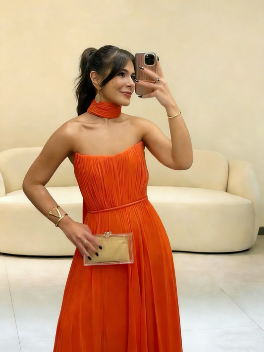 Modest A Line Strapless Orange Chiffon With Scarf Long Evening Dresses Inspo Senior Night Dance Prom Dress N020