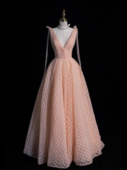 Wunderschönes Ballkleid mit V-Ausschnitt, zartrosa, langes Abendkleid, formelles Abendkleid, Inspiration für ein Abendoutfit N238