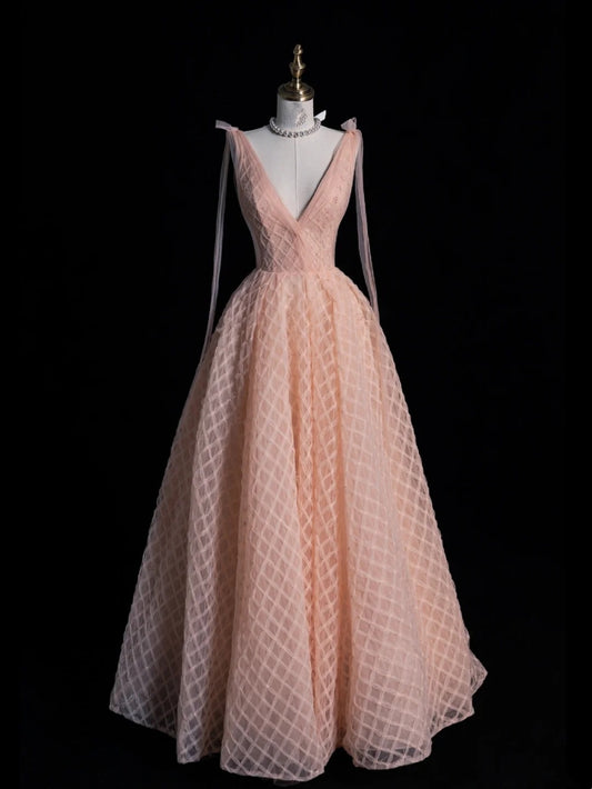 Magnifique robe de bal rose poudré à col en V, longue, pour les soirées formelles - Inspiration tenue N238