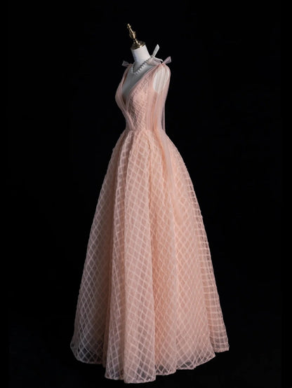 Wunderschönes Ballkleid mit V-Ausschnitt, zartrosa, langes Abendkleid, formelles Abendkleid, Inspiration für ein Abendoutfit N238