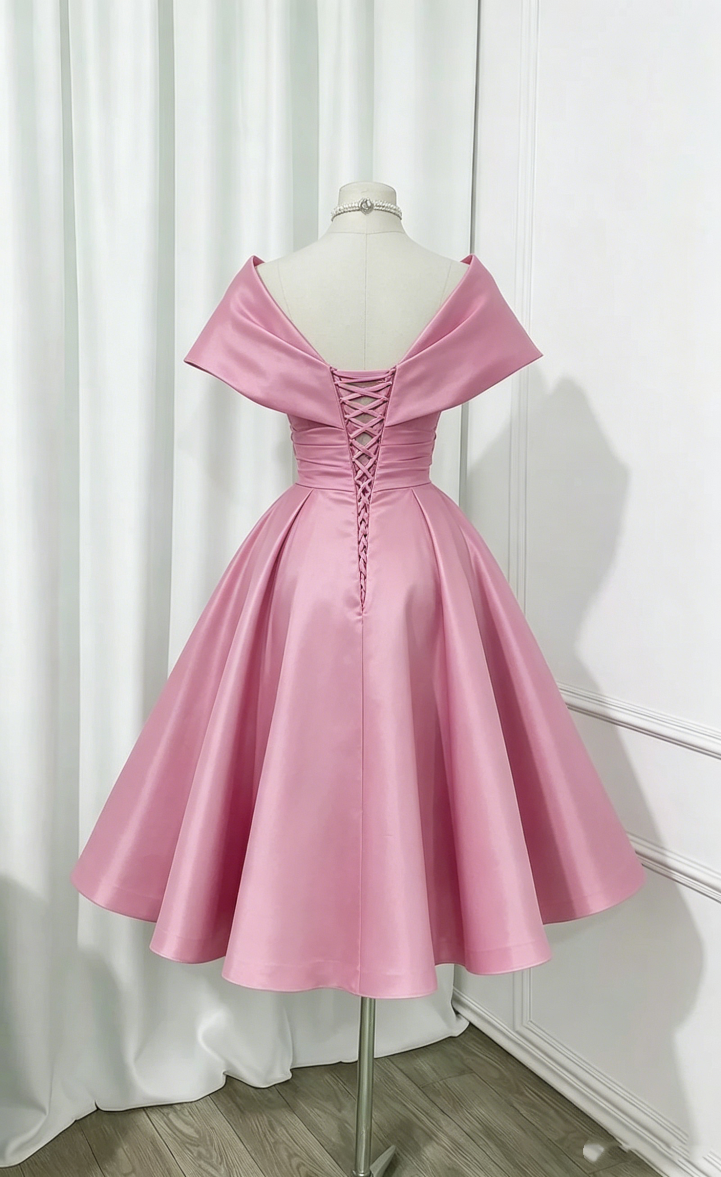 Jolie robe de bal rose courte, mini, épaules dénudées, robes de bal de promo, robe de remise de diplôme N2435