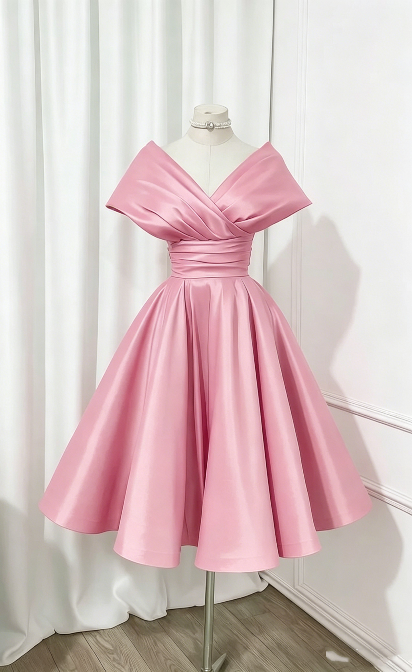 Jolie robe de bal rose courte, mini, épaules dénudées, robes de bal de promo, robe de remise de diplôme N2435