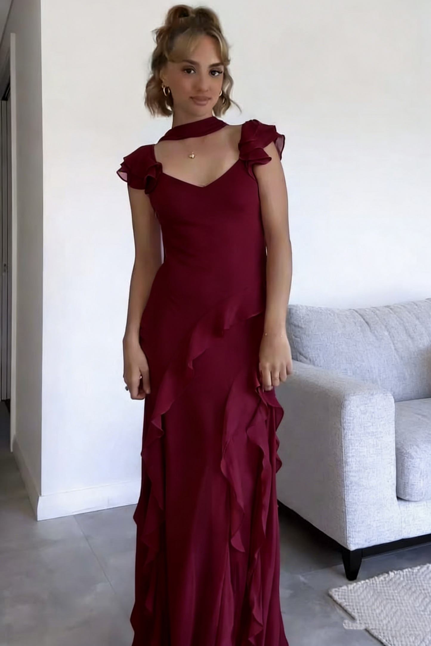 Beautiful Pink V Neck Chiffon Ruffle Mermaid Long Prom Dress Party Gown With Ribbon Wedding Guest Gown N250