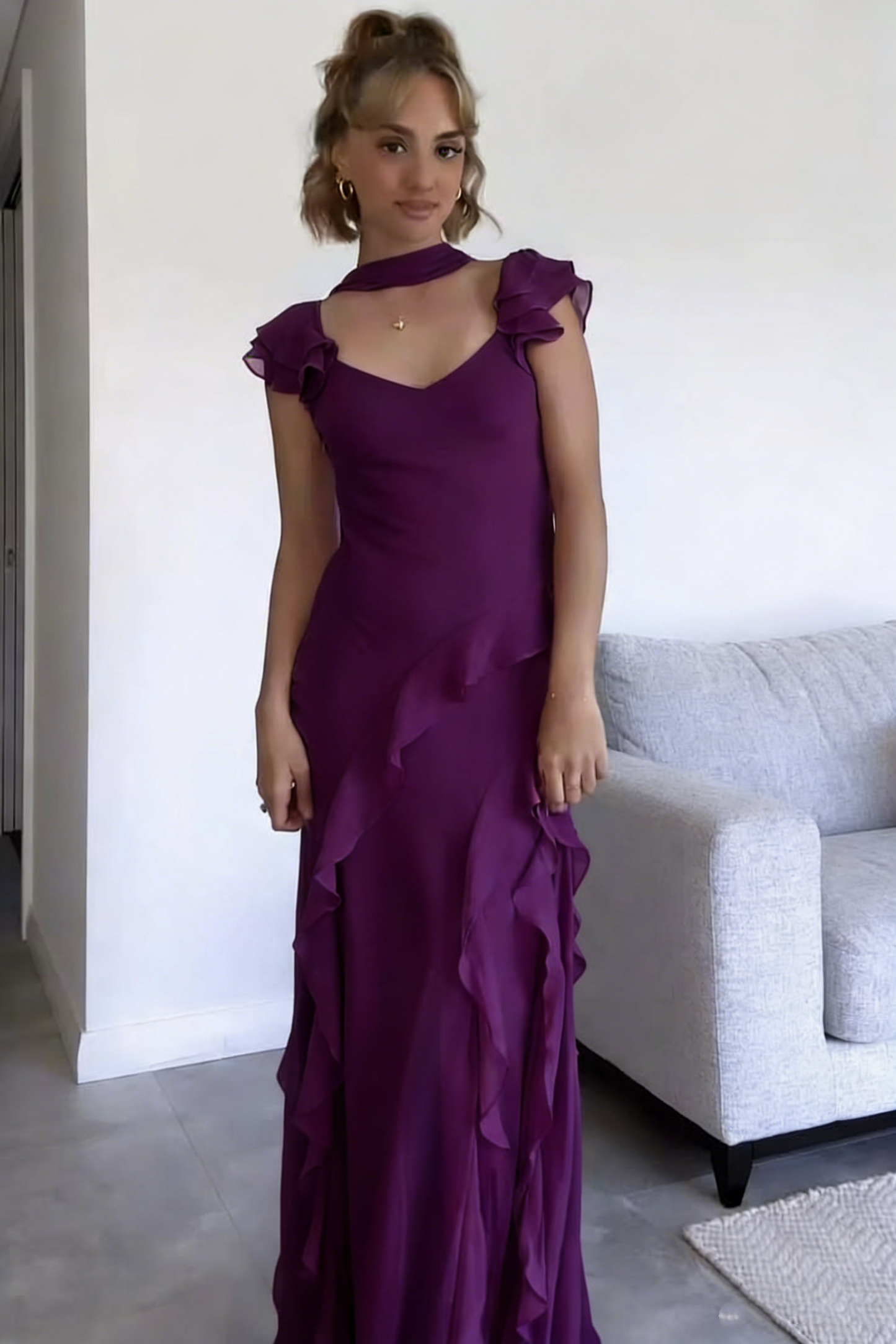 Beautiful Pink V Neck Chiffon Ruffle Mermaid Long Prom Dress Party Gown With Ribbon Wedding Guest Gown N250