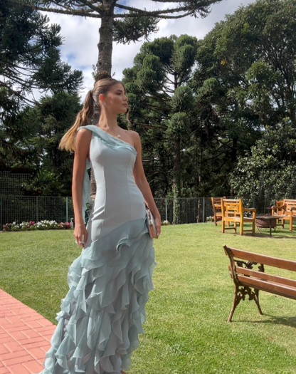 Simple Mermaid One Shoulder Light Sky Blue Chiffon With Ruffles Long Prom Dresses Impress Wedding Guest Dress Party Gown N289