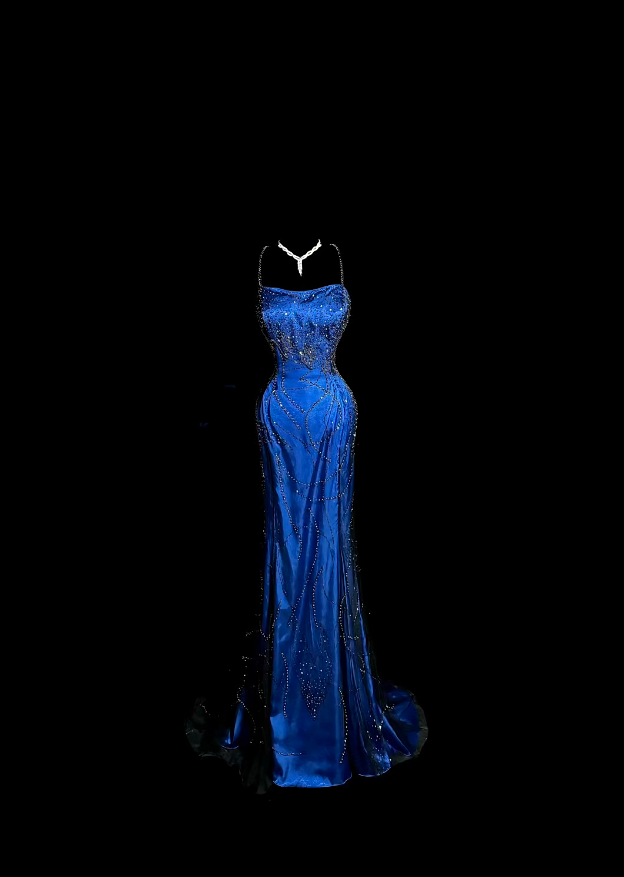 Einzigartige Abschlussballkleider Meerjungfrau Spaghettiträger Königsblau Ärmellos mit Perlenstickerei Halbförmliches Abendkleid N3793