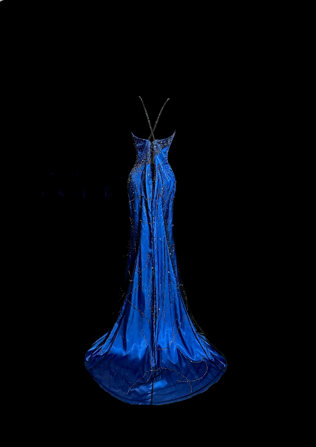 Einzigartige Abschlussballkleider Meerjungfrau Spaghettiträger Königsblau Ärmellos mit Perlenstickerei Halbförmliches Abendkleid N3793