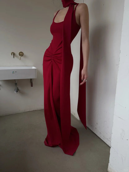 Simple Mermaid Spaghetti Straps Red With Scarf Long Prom Dresses Aesthetic Formal Dress Party Outfits N403