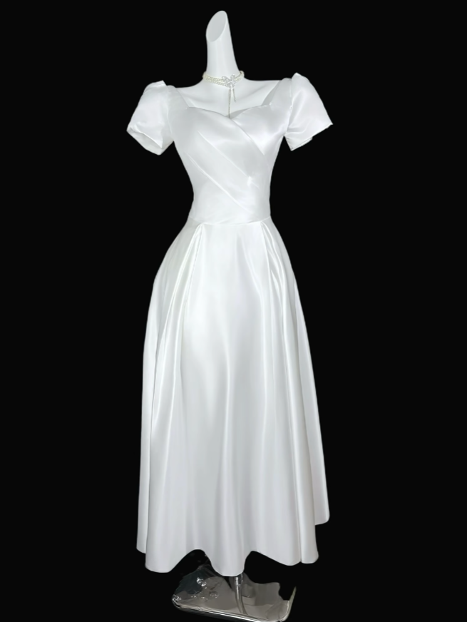 Charmantes A-Linien-Sweetheart-Kleid in Weiß mit Ärmeln, Satin, Sommer, 20. Geburtstag, Elegantes Outfit, Hochzeitsgastkleider N4300