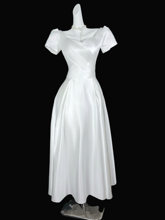 Charming A line Sweetheart White With Sleeves Satin Summer 20th Birthday Elegant Outfit Wedding Guest Dresses N4300