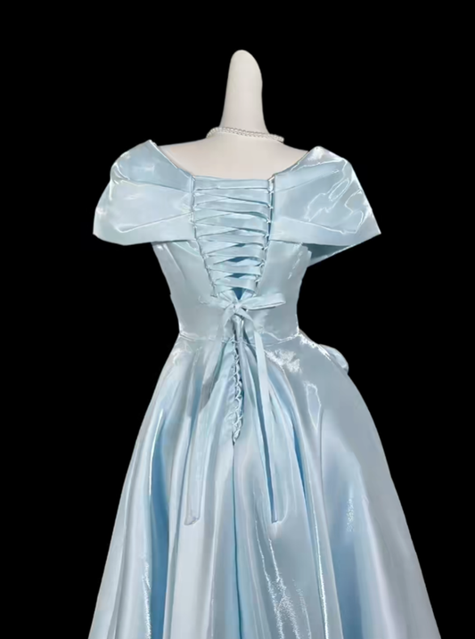 Charming A line Off The Shoulder Light Sky Blue With Sleeves Satin Summer Birthday Elegant Outfit Wedding Guest Dresses N4301