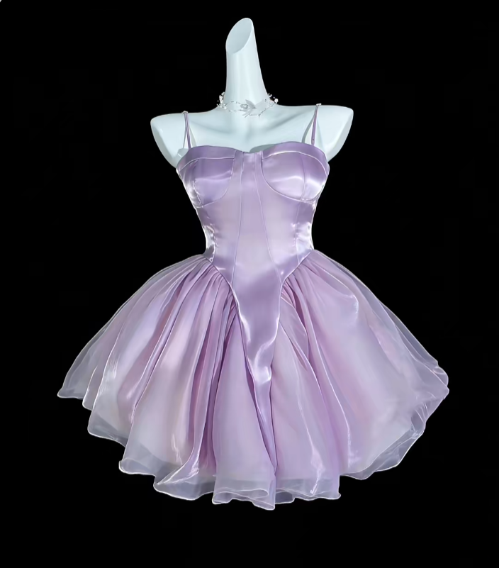Niedliche Ballkleider Spaghettiträger Flieder Kurz Satin Minikleid Partykleid Homecoming Kleider N4306