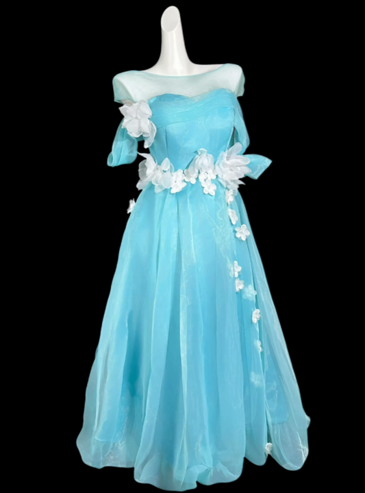 Cute A line Off The Shoulder Blue With Sleeves Satin Summer Birthday Elegant Outfit Wedding Guest Dresses N4310