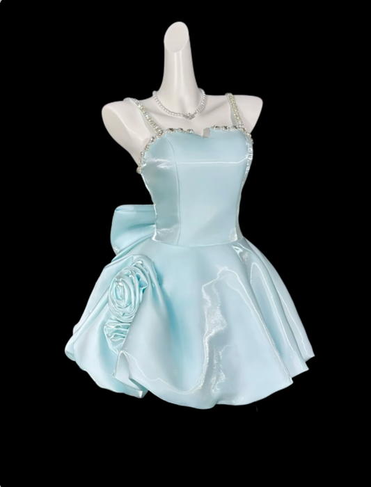 Cute Ball Gowns Spaghetti Strap Light Sky Blue Short With Bow-knot Mini Party Dress Homecoming Dresses N4313