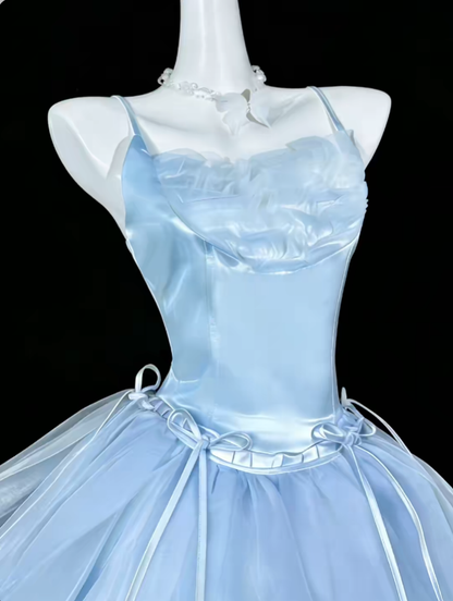 Niedliche Ballkleider Spaghettiträger Hellblau Kurz mit Schleife Mini-Partykleid Heimkehrkleider N4324