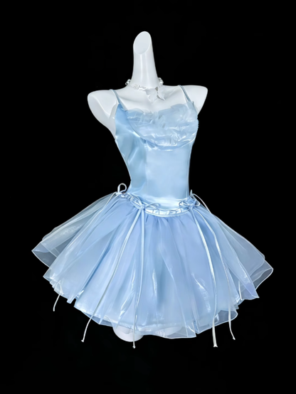 Niedliche Ballkleider Spaghettiträger Hellblau Kurz mit Schleife Mini-Partykleid Heimkehrkleider N4324