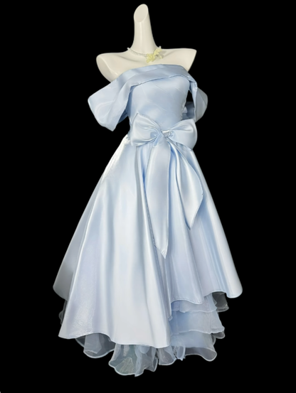 2026 New Homecoming Dresses Off The Shoulder Blue Knee Length With Bow Graduation Cocktail Dress N4326