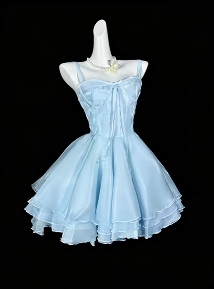 Robe de cocktail/bal courte en satin bleue à bretelles fines N4331