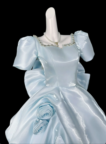 Süßes Ballkleid mit eckigem Ausschnitt, hellblau, kurz, Mini-Party-Cocktail-Heimkehrkleider N4334