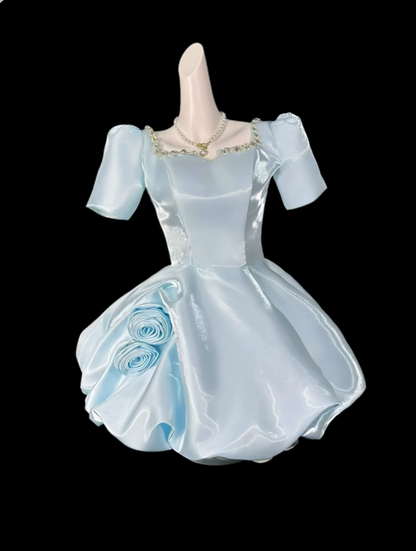 Süßes Ballkleid mit eckigem Ausschnitt, hellblau, kurz, Mini-Party-Cocktail-Heimkehrkleider N4334