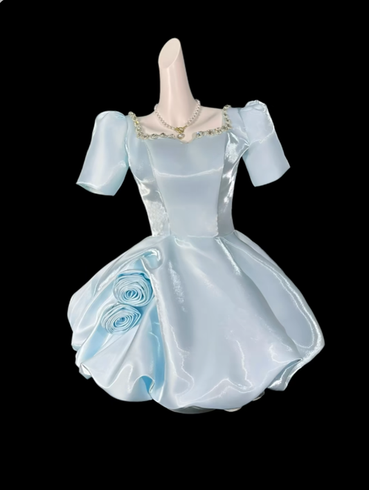 Sweet Ball Gown Square Neck Light Sky Blue Short Mini Party Cocktail Homecoming Dresses N4334