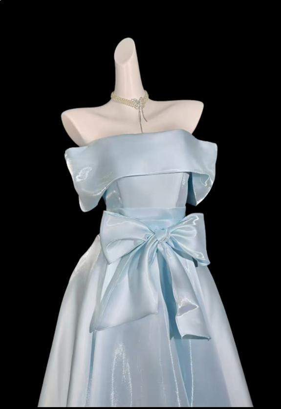 Ballkleider schulterfrei hellblau mit Ärmeln Sommer Geburtstags-Outfit elegant Hochzeitsgast Kleider N4336