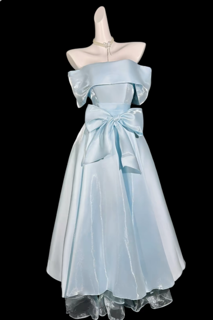 Ballkleider schulterfrei hellblau mit Ärmeln Sommer Geburtstags-Outfit elegant Hochzeitsgast Kleider N4336