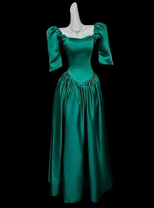 A Line Square Neck Green Satin With Sleeves Summer Birthday Elegant Outfit Wedding Guest Dresses N4337