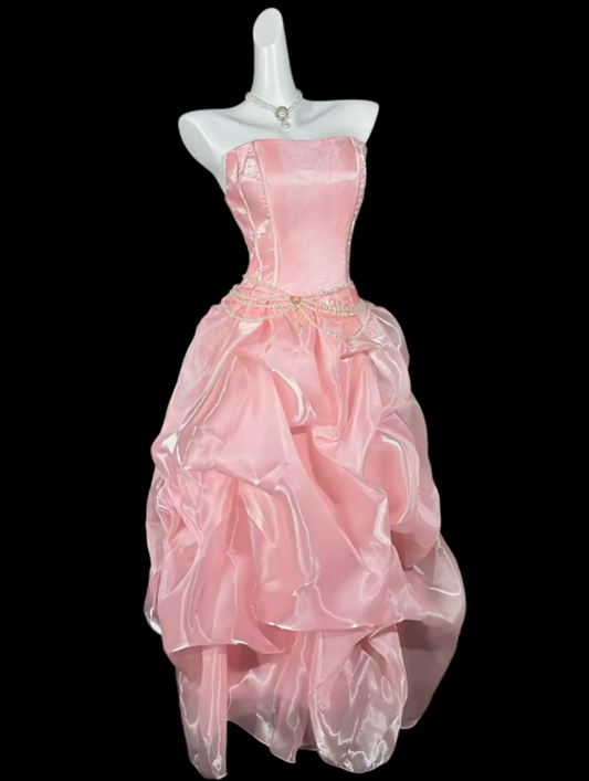 Sweet Ball Gowns Pink Strapless With Ruffled Long Evening Dresses Night Date Prom Dress For Women N4354
